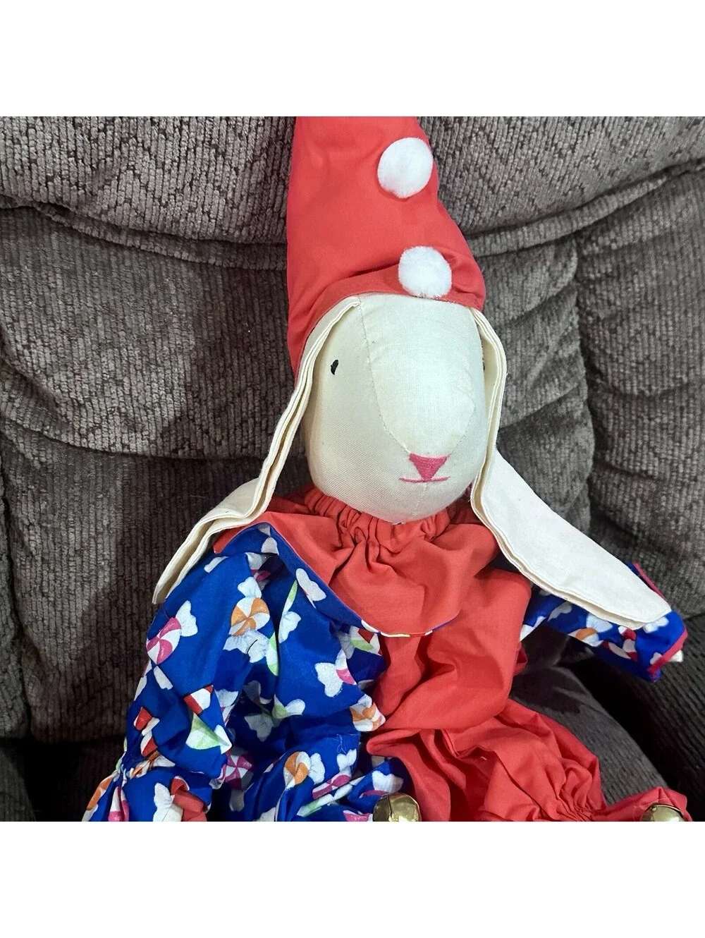 Vintage Floppy Ear Bunny Rabbit Stuffed Doll Christmas Fabric 14” Handmade CUTE!
